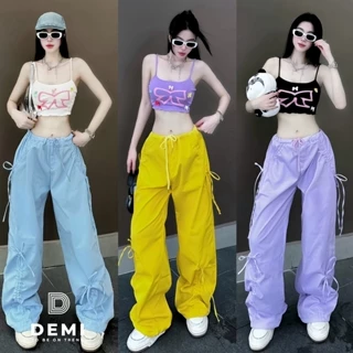 Set Đồ Tiểu Thư Cá Tính Cưng Xỉu Áo 2 Dây Mix Quần Thô Dây Rút Tôn Dáng tone màu trendy De48