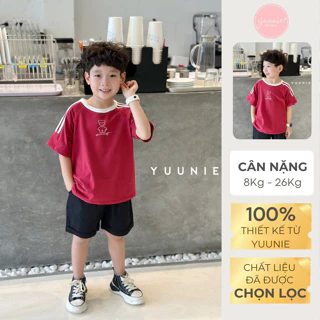 Bộ quần áo cho bé trai Yuunie chất liệu cotton 4c quần kaki mềm mại phối kẻ vai in gấu cho bé đi chơi học BT007