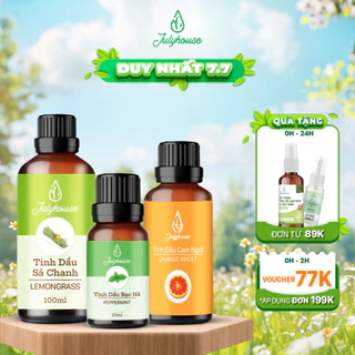 Tinh dầu thiên nhiên JULYHOUSE 10ml chiết xuất từ Sả Chanh, Bạc Hà, Cam Ngọt, Sả Dịu, Sả Java, Quế khử mùi, đuổi muỗi