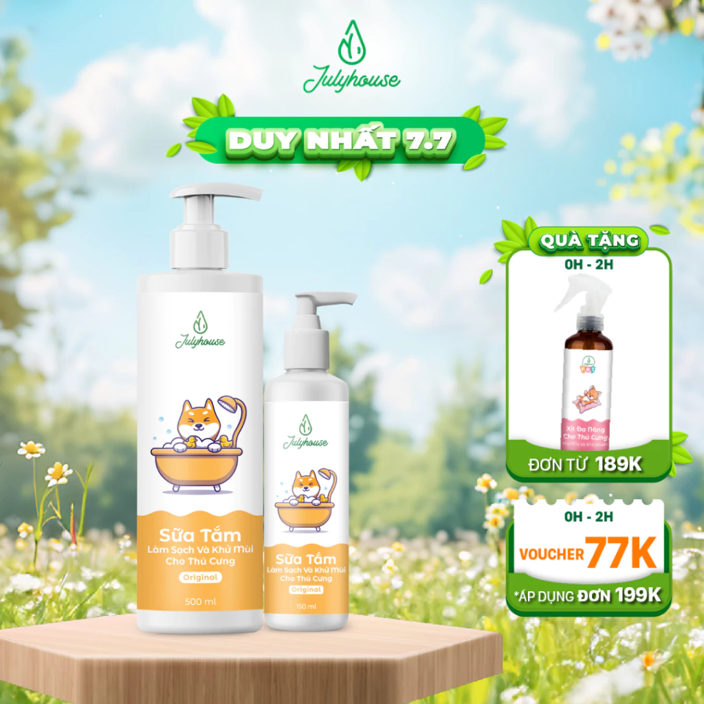 Combo Sữa tắm cho chó mèo 150ml/500ml và Xịt thơm dưỡng lông bodymist cho chó mèo 100ml Julyhouse