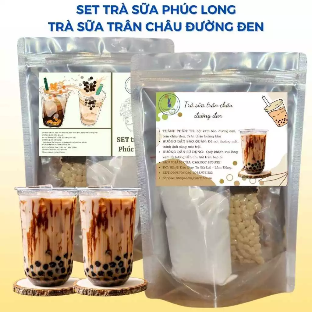 Set nguyên liệu trà sữa Phúc Long, trà sữa trân châu đường đen tự pha Carrot House set 6-8 ly