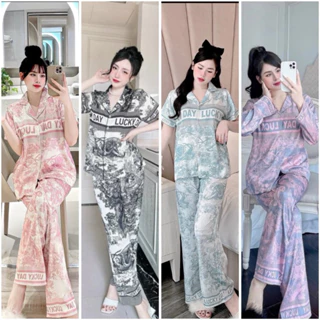 Sét bộ pijama lụa  xước mềm hoạ tiết phối chữ Lucky đây 3 màu