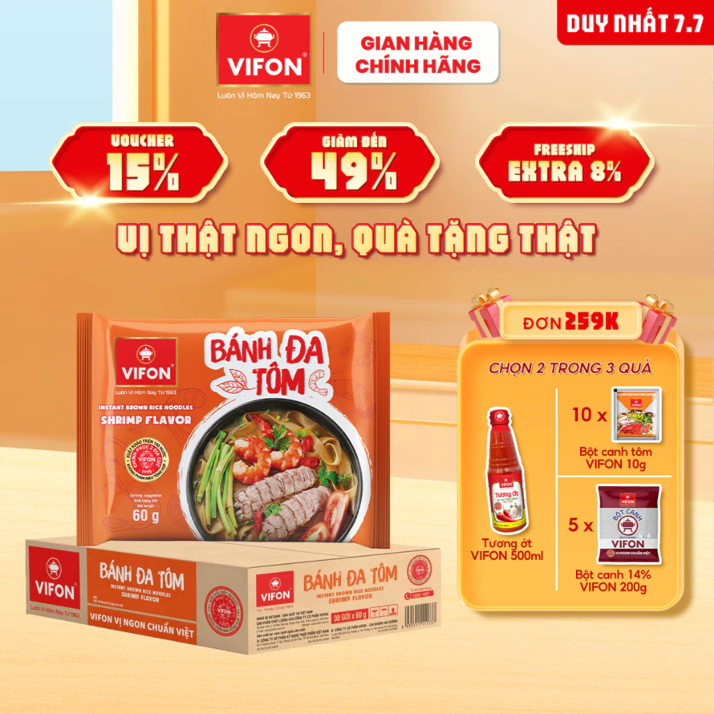 [VOUCHER đến 80K]-Thùng 30 Bánh Đa Tôm VIFON 60gr / Gói