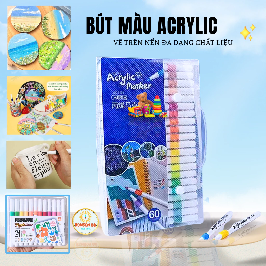 Bút Màu Arcylic Vẽ Trên Nhiều Chất Liệu, Hộp Màu Cao Cấp Acrylic 24 Màu 36 Màu 60 Màu Nước Acrylic Marker Bonbon66.shop