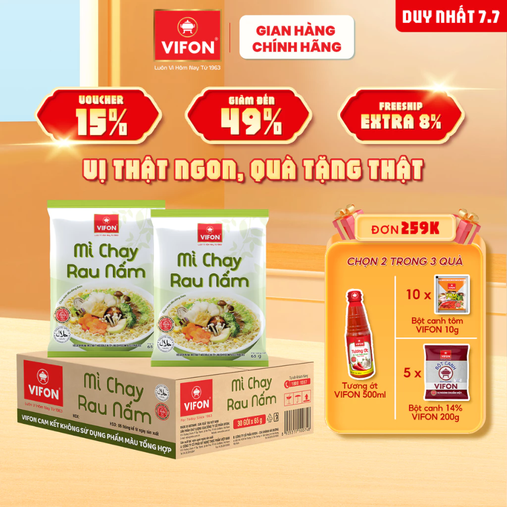 [VOUCHER đến 80K]-Thùng 30 gói Mì Chay Rau Nấm VIFON 65g / Gói