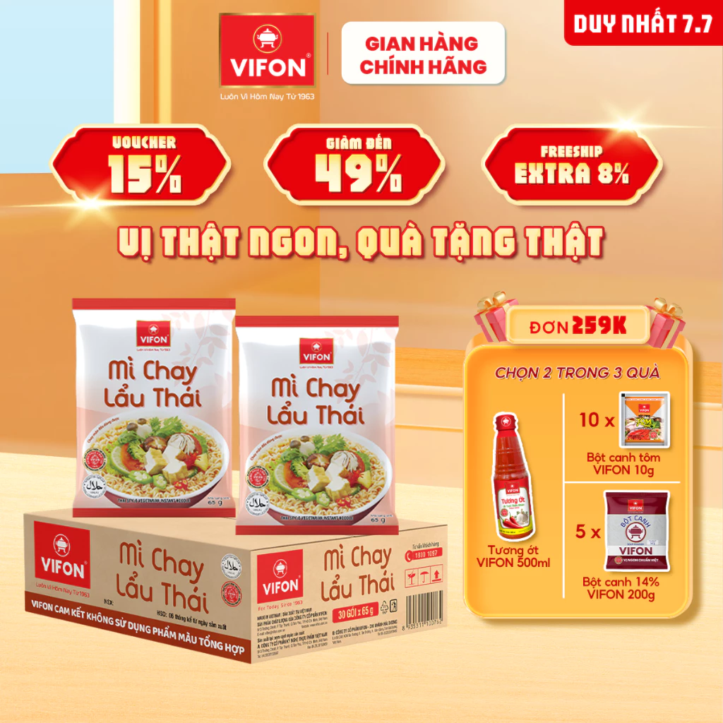 [VOUCHER đến 80K]-Thùng 30 gói Mì Chay Lẩu Thái VIFON 65g / Gói