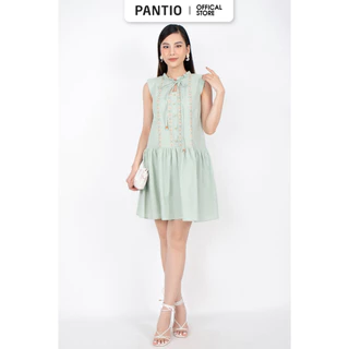 FDP32990 - Đầm dạo phố vải linen dáng xòe cổ tay xếp bèo thân thêu họa tiết chân váy xếp nếp - PANTIO