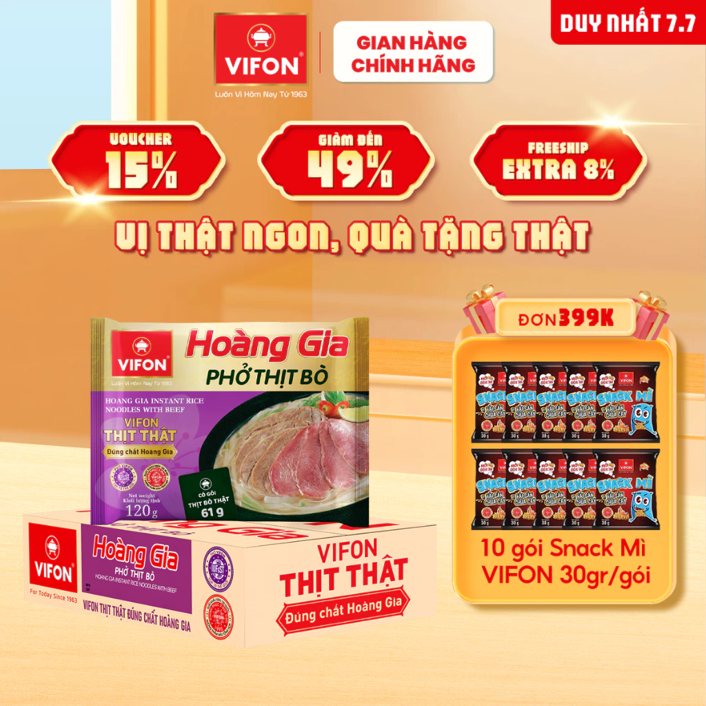 [VOUCHER đến 80K]-Thùng 18 Gói Phở Bò Hoàng Gia VIFON Có Thịt Thật 120g/Gói