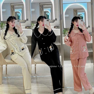 Set bộ đồ nữ Pyjama đũi xốp gân mềm mịn nhẹ nhàng cổ tròn tiểu thư sang chảnh