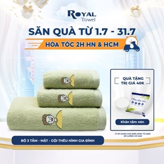 Bộ 3 Gồm Khăn Tắm - Khăn Gội - Khăn Mặt Royal Towel Chất Liệu Cotton Thêu Hình Gia Đình, Mềm Mại, Thấm Hút