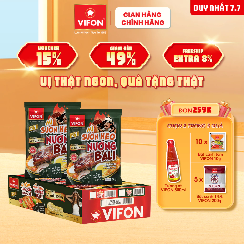 [VOUCHER đến 80K]-Thùng 18 gói Mì tôm chua cay Hoàng Đế/ Sườn heo nướng Bali VIFON Chất lượng xuất khẩu 100gr/gói