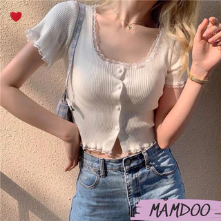 Áo Croptop Nữ Tay Ngắn Cổ Vuông Viền Ren Ôm Body Co Giản, Áo kiểu nữ SEXY, TÔN DÁNG ÔM BODY FREESHIP MĂMDOO