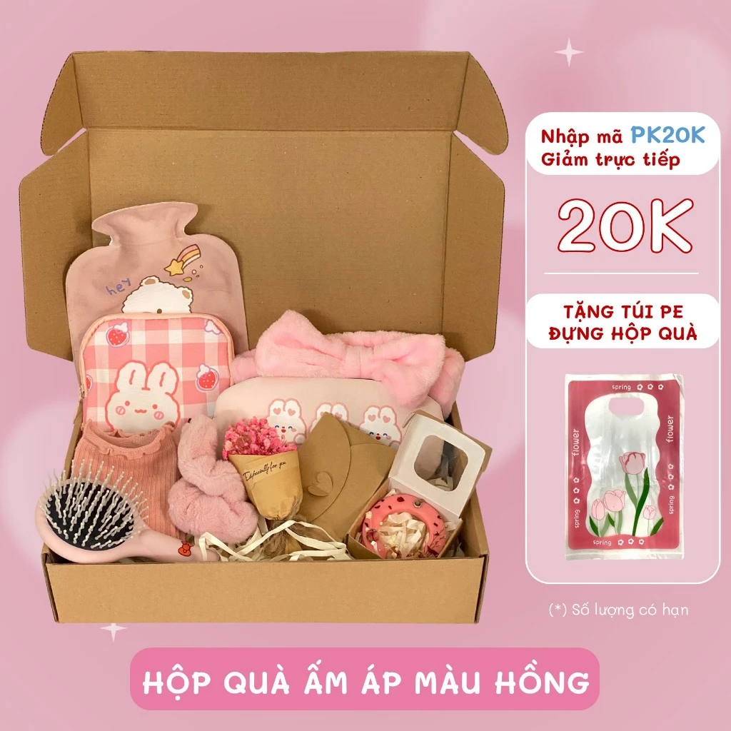 Set quà Túi Chườm Ấm Áp màu hồng tặng bạn gái, bạn thân kèm thiệp và hoa Toodee Gift Box PK01
