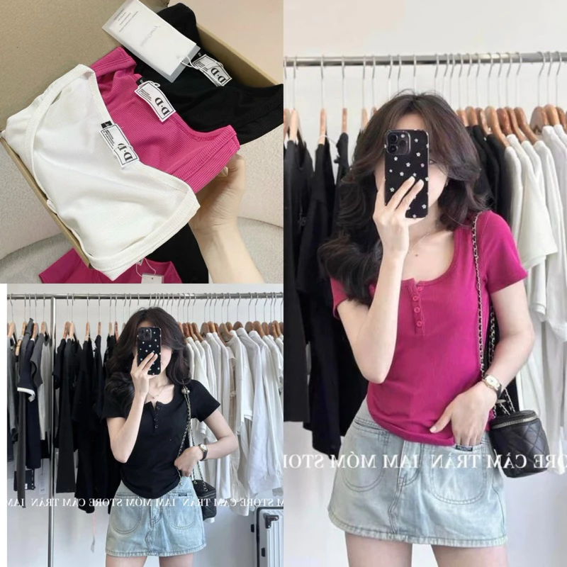 Áo ThunTăm Màu Trơn Cộc Tay Cổ U Form Vừa Phối Cúc Ngực Kiểu Dáng Basic Lên Dáng Siêu Xinh MA150