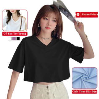 Áo Thun Croptop Nữ Mùa Hè Ngắn Tay Cổ Tim Form Rộng Madela Vải Cotton Mềm Mát, Áo Croptop Nữ Cổ V Form Rộng Tay Ngắn Tay