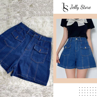 Quần short jean nữ Jelly quần đùi bò ngắn cạp cao phối hai túi trước viền chỉ nổi hàn quốc S003