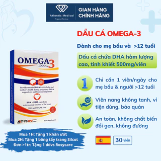 [Deal Sốc] Dầu Cá OMEGA-3 1000mg Fish Oil ATISAV Bổ Sung DHA Cho Mẹ Bầu, Tốt Cho Não Mắt Tim Mạch Hộp 30 Viên