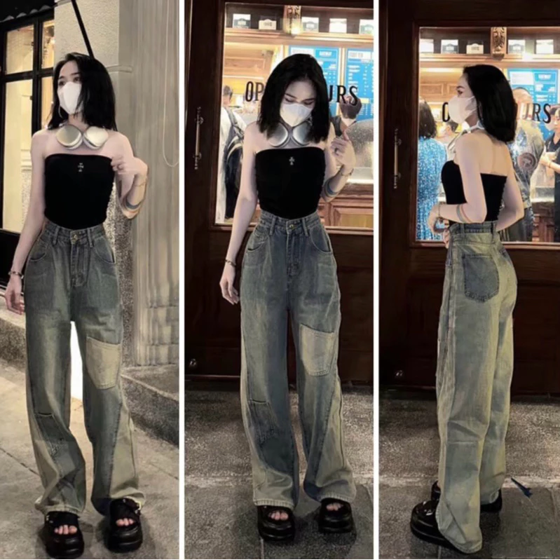 Quần jeans suông túi gối pha màu lưng cao phong cách hiện đại