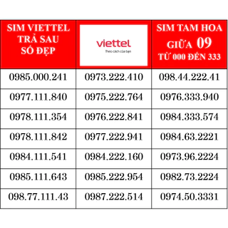 Sim trả sau viettel 09 số đẹp tam hoa giữa 222, 111, 000, 333 giá rẻ mới nhất