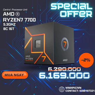 CPU AMD Ryzen 7 7700 ( 3.8GHz Boost 5.3GHz / 8 nhân 16 luồng / 40MB / AM5) [NEW]