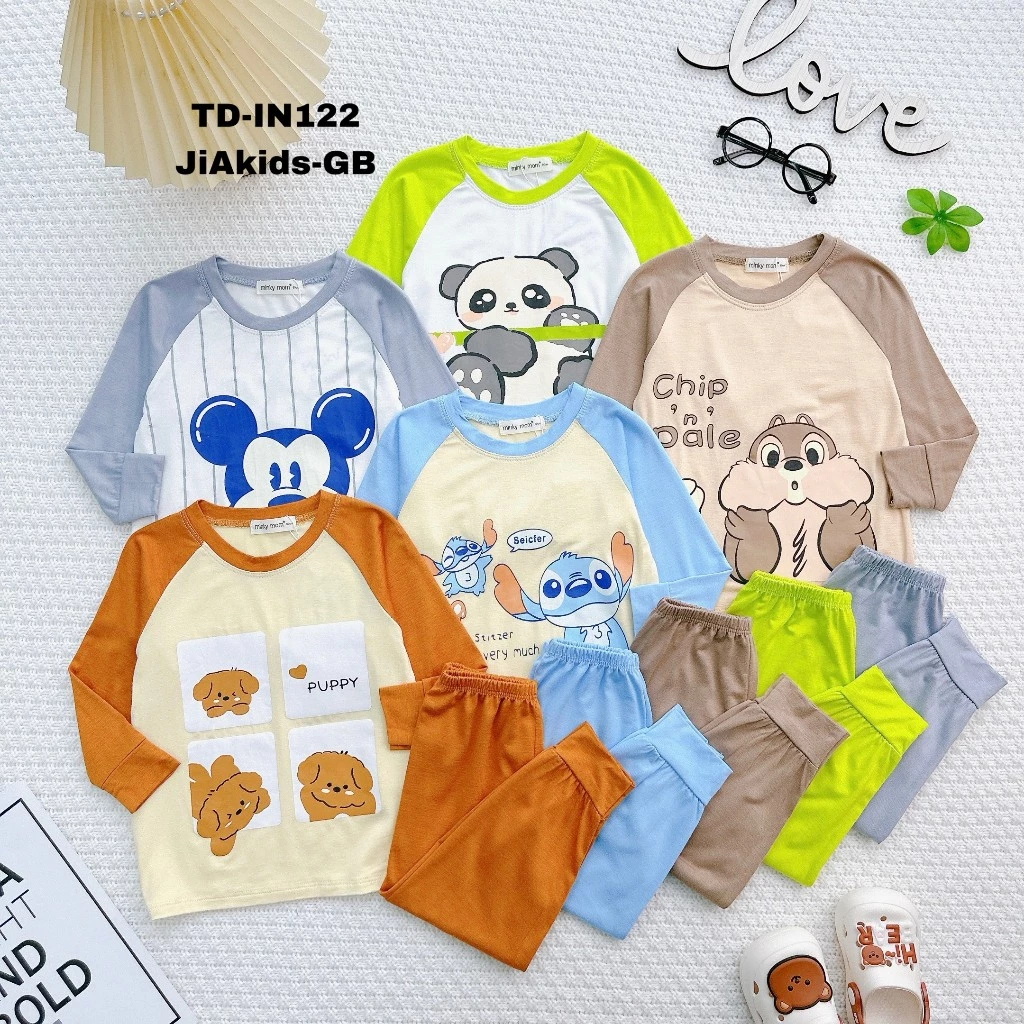 Bộ Dài Tay THUN LẠNH MINKY MOM Giáp Lăng In Hình Động Vật Dễ Thương Cho Bé Đi Học Đi Chơi TD-IN122
