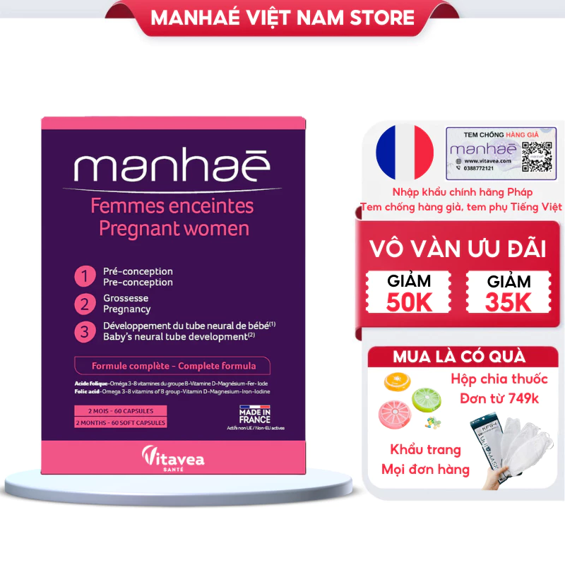 Vitamin tổng hợp cho bà bầu Manhaé Pregnant giúp mẹ khỏe, con phát triển toàn diện nhập khẩu Pháp