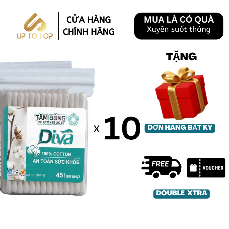 Tặng thêm 2 gói khi mua 10 gói Tăm bông kháng khuẩn Diva 100% Bông Tự Nhiên