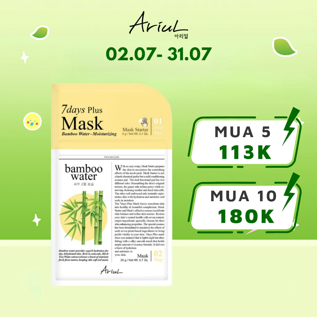 [MUA 5 GIẢM 50%] [HSD Trước T12/2024] Mặt Nạ Cấp Ẩm Tức Thì Ariul 7 Days Plus Mask Bamboo Water 20 gr