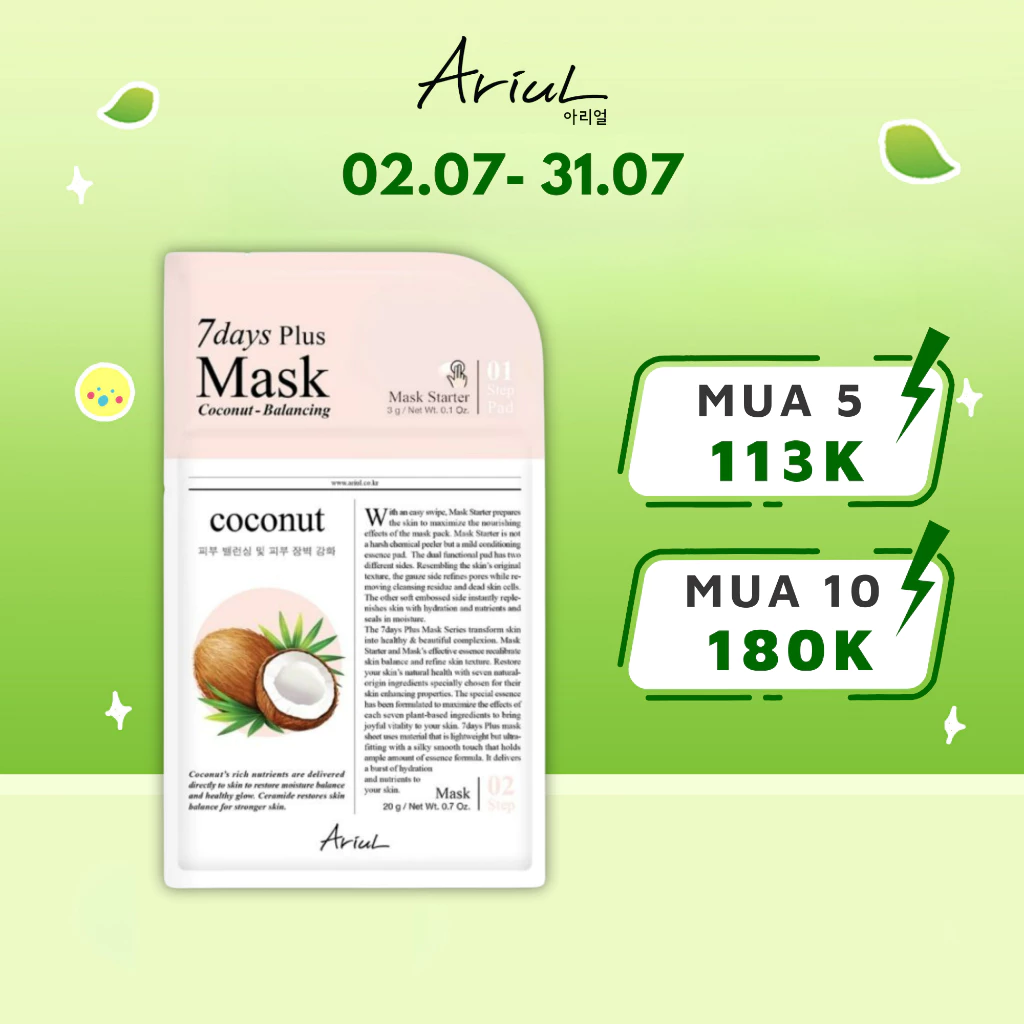 [MUA 5 GIẢM 50%] [HSD Trước T11/2024] Mặt Nạ Tăng Cường Độ Ẩm Chiết Xuất Dừa Ariul 7 Days Plus Mask Coconut 20 gr