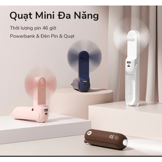 Quạt Mini Cầm Tay Gấp Gọn 3 Trong 1 2000mAh Tích Hợp Sạc Dự Phòng, Đèn Pin Siêu Sáng Chính Hãng