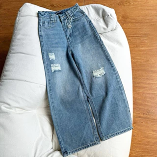 [Q109] Quần jean suông nữ vải cao cấp phối rách