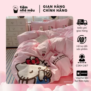 Bộ Vỏ Chăn Ga Giường Vỏ Gối 4 Món Cotton Đũi Dệt Mix Hoạ Tiết Phong Cách Hàn Fullsize Tiệm Nhà Mêu