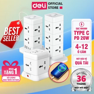 [MUA 1 TẶNG 1] Ổ Cắm Điện Vuông Tháp Đa Năng DELI Có Cổng USB TypeC Sạc Nhanh PD20W Cầu Chì Tự Ngắt