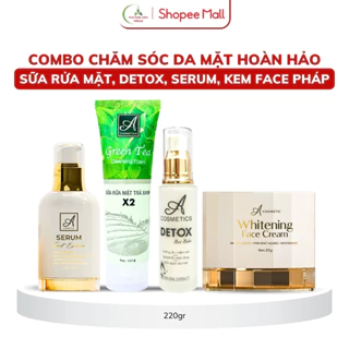 Combo dưỡng trắng da mặt hoàn hảo Mềm, kem face pháp, serum spot esence, sữa rửa mặt trà xanh x2, detox bọt biển 220g