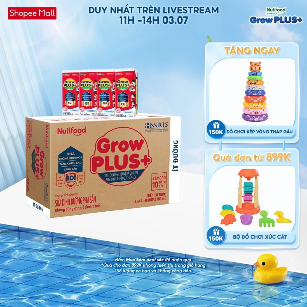 Thùng Sữa Bột Pha Sẵn Nutifood GrowPLUS+ ít đường Suy Dinh Dưỡng  - Tăng Cân, Tăng Chiều Cao (48 Hộp x 180m