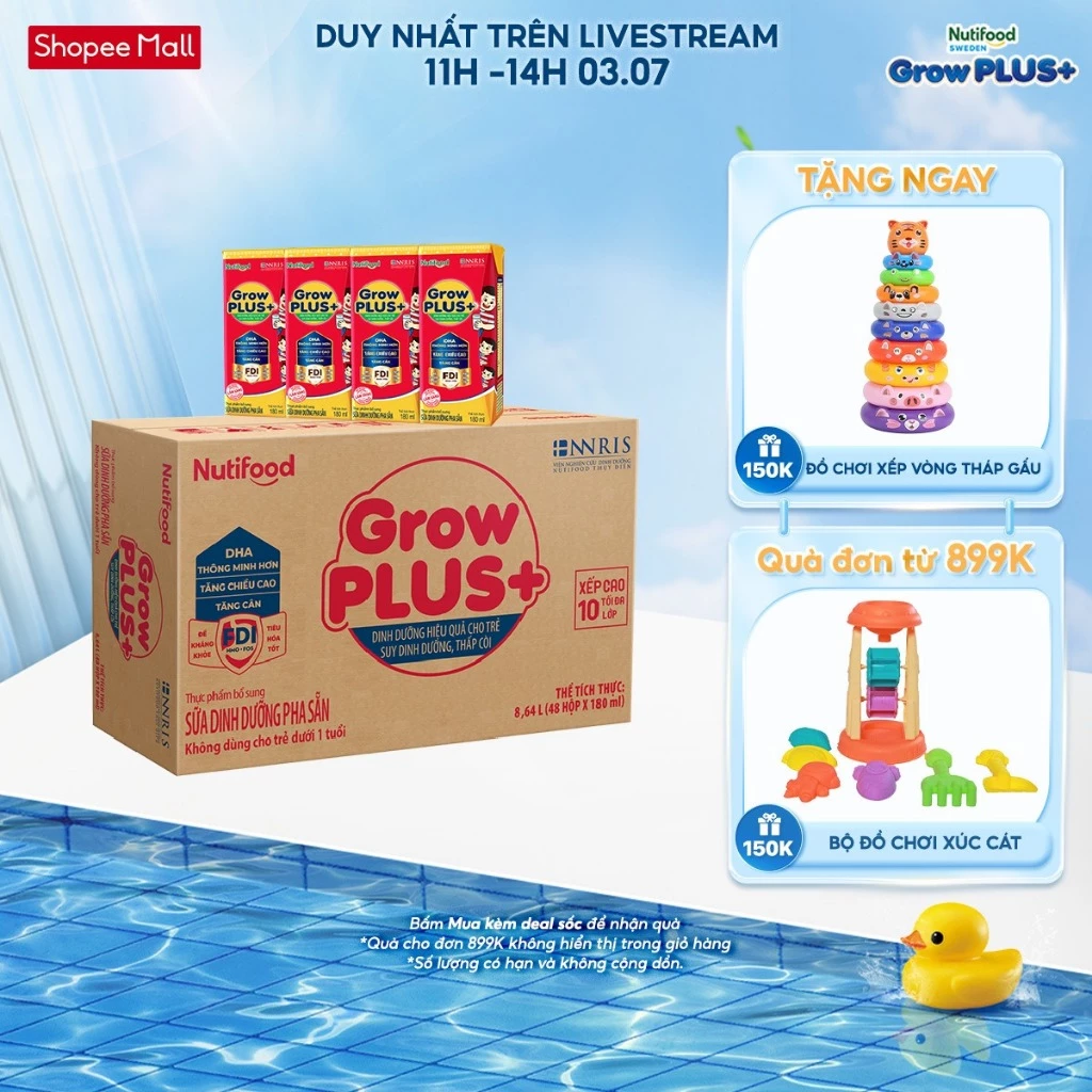 Thùng Sữa Bột Pha Sẵn Nutifood GrowPLUS+ Đỏ (Suy Dinh Dưỡng) - Trên 1 Tuổi - Tăng Cân, Tăng Chiều Cao (48 Hộp x 180ml)