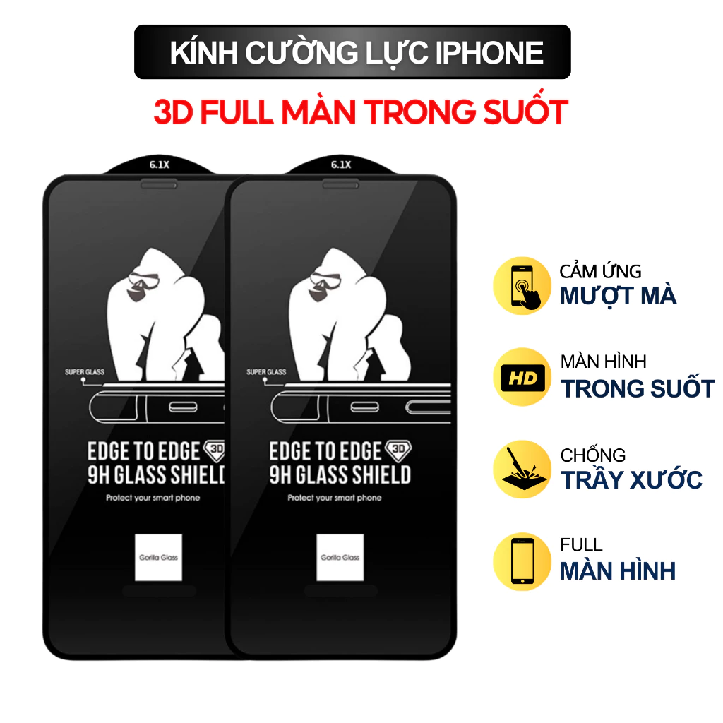 Kính Cường Lực iPhone 3D Full Màn Trong Suốt 7Plus 8Plus X Xs XsMax 11 12 13 14 15 Promax