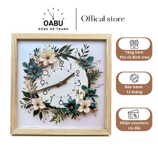 Đồng hồ decor OABU treo tường gỗ, tranh canvas họa tiết hoa lá 3D hiện đại, khung vuông HD01