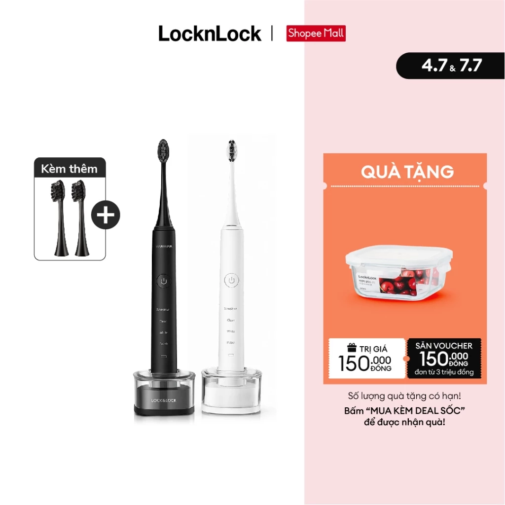 Bàn chải đánh răng điện Lock&Lock 4 chế độ, chống nước, sạc không dây ENR346 (màu trắng & màu đen)