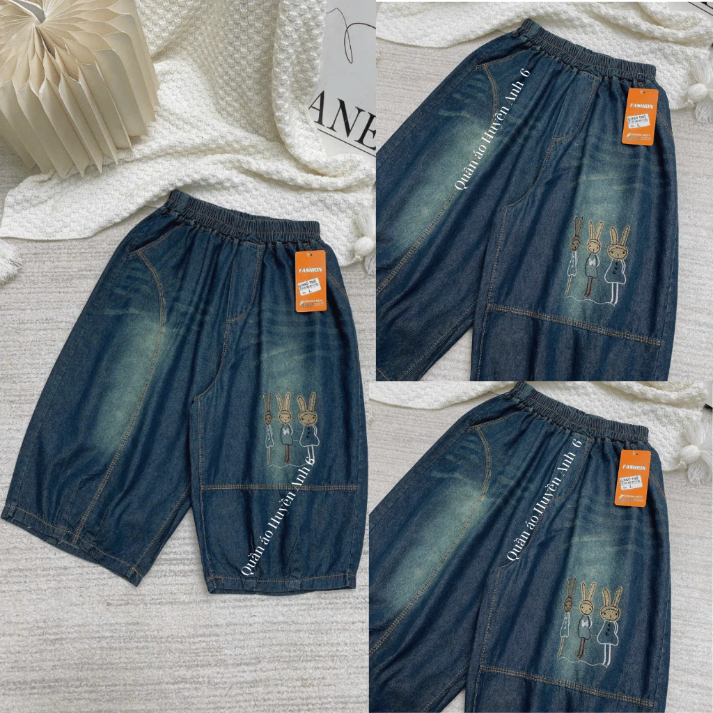 Quần Jeans Ngố Lửng Lưng Thun Thêu Hình [M24] -Quần Aó Huyền Anh