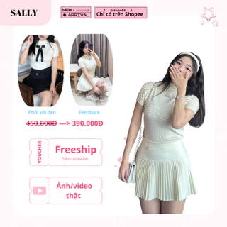 Áo len tăm nữ be SALLY phối chân váy xếp ly  dáng ôm ANNY ( tặng kèm nơ đá và cài váy)