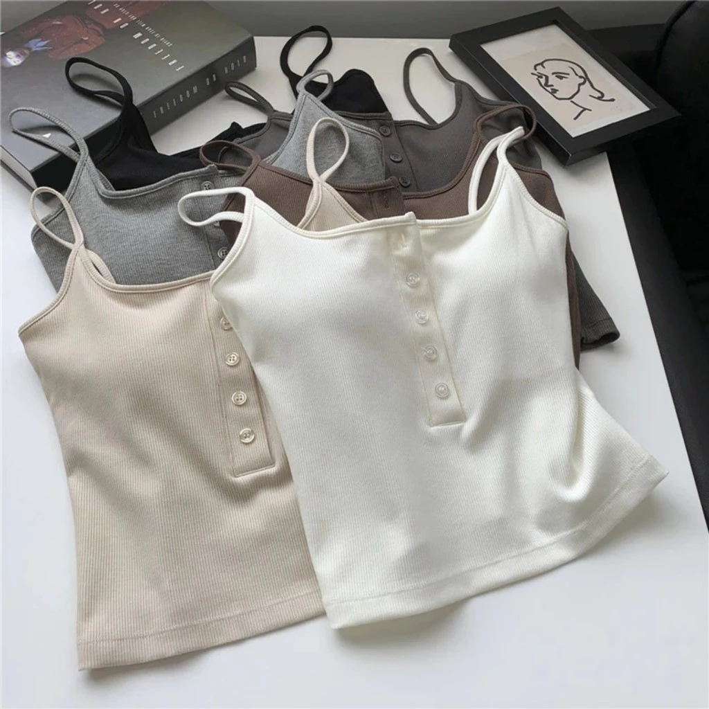 Áo Bra Nữ 2 Dây Cotton Tăm Thun Dáng Dài Kèm Mút Ngực Phối Khuy Trước Ngực 289