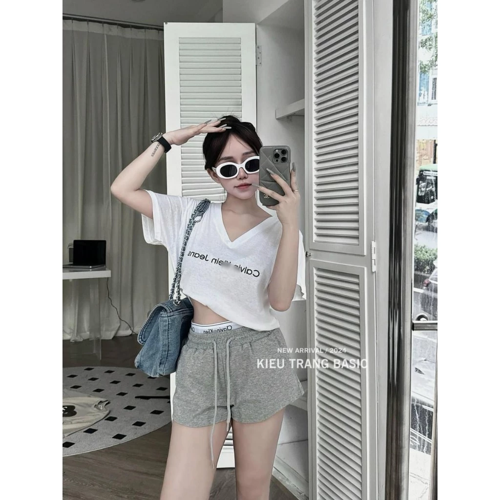 B77 Set đồ nữ sang chảnh áo kiểu nữ cổ V cách điệu, cá tính kèm quần đùi chất cotton 2 size 40-65kg mẫu SETCKJEANSKTRANG