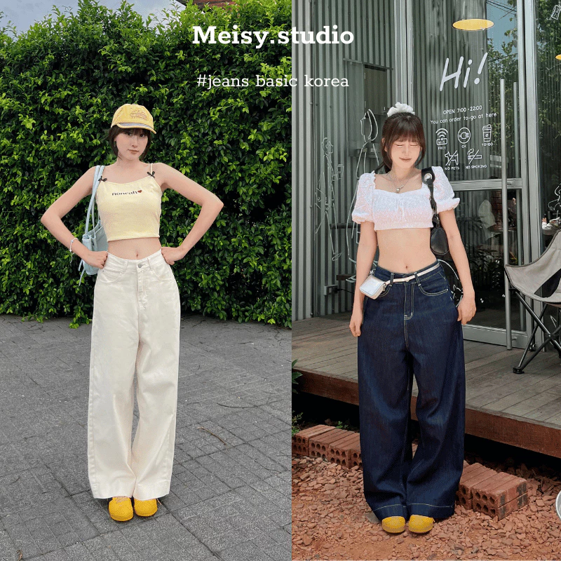 Quần jeans,  ống rộng bò nữ cạp lưng cao màu xanh đen be chất không co giãn gấu bản to bigsize phong cách Hàn Quốc Meisy