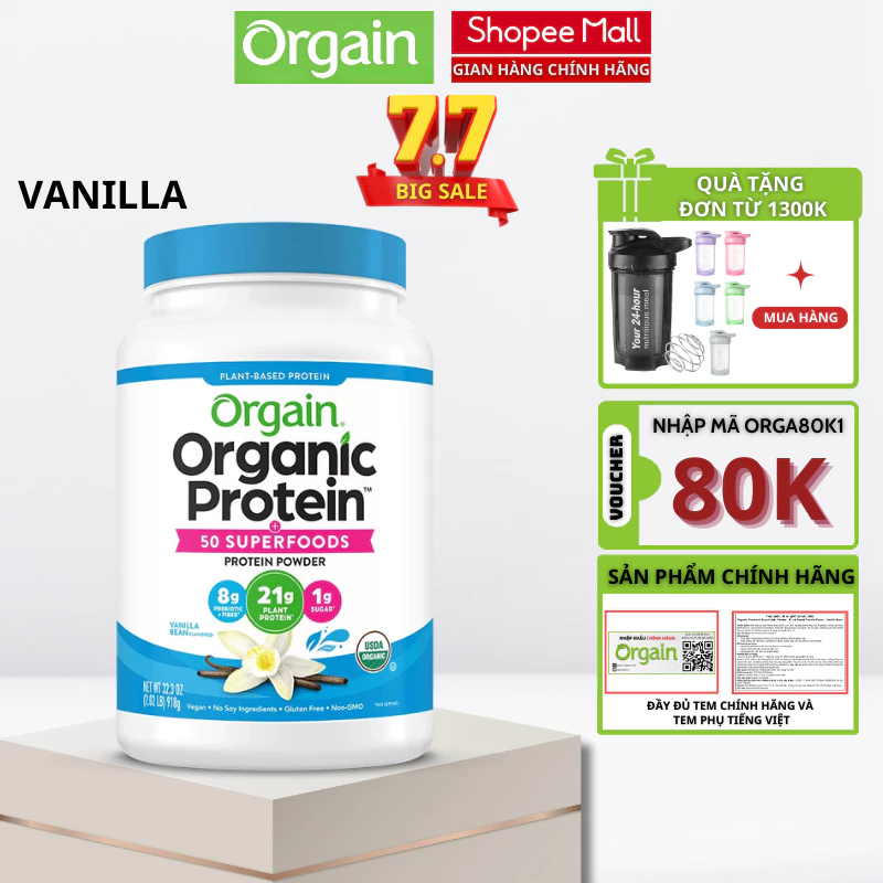 Bột Protein thực vật hữu cơ Orgain Organic Protein 50 Superfoods cải thiện cơ bắp và tiêu hóa hương Vanilla Bean