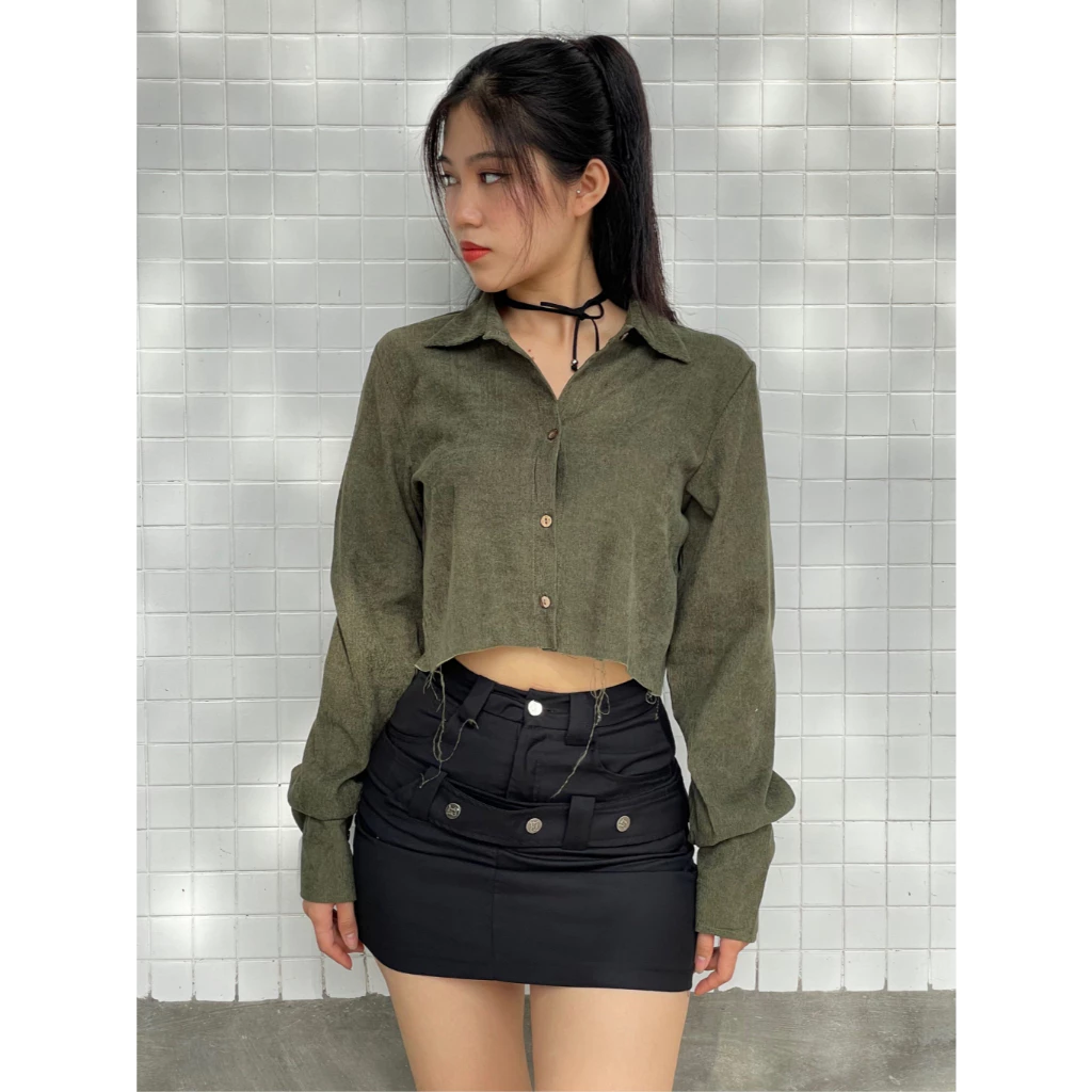 Áo sơ mi croptop tay dài màu hot vải nhung tăm loại đẹp giữ phom cực tốt - Croptop Xinh