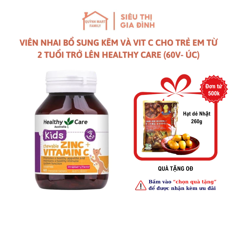 Viên nhai bổ sung Kẽm và Vit C cho trẻ em từ 2 tuổi trở lên Healthy Care (60V- Úc)