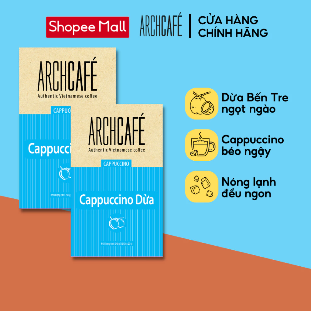 Combo 2 Archcafe Hoà Tan: 02 hộp Cappuccino Dừa Archcafe (Hộp 12 gói x 20g)