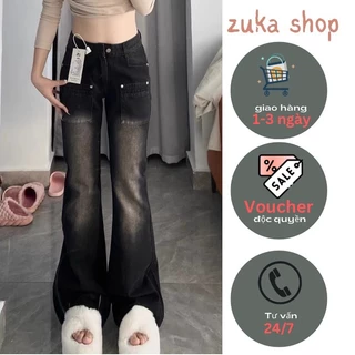 Quần jeans ống loe ĐEN 2 túi mặt trước , Quần bò loe ĐEN mài bụi Chất co dãn siêu Hot 2023 ND 44