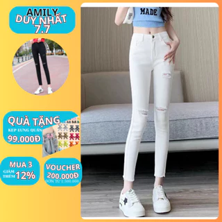 Quần Jean Nữ Lưng Cao Skinny AMILY màu đen chất bò màu trắng co giãn có BIGSIZE